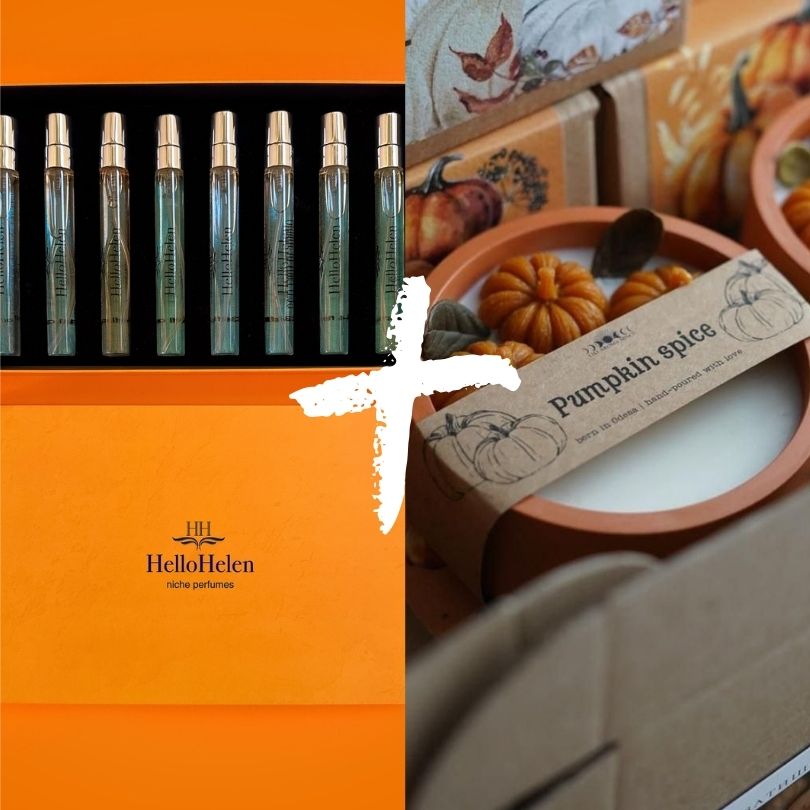 Lot Coffret HelloHelen de 8 parfums XL - Attaque d'amour + Bougie parfumée - Pumpkin spice - 190 g