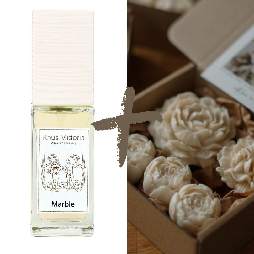 Lot Marble - Rhus Midoria - 15ml + Coffret bougies parfumées - Pivoines