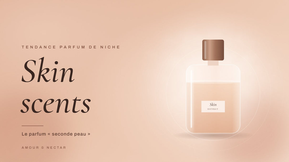 Skin scents : flacon de parfum seconde peau aux tons nude entouré d'un halo lumineux