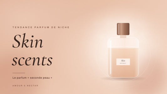 Skin scents : flacon de parfum seconde peau aux tons nude entouré d'un halo lumineux
