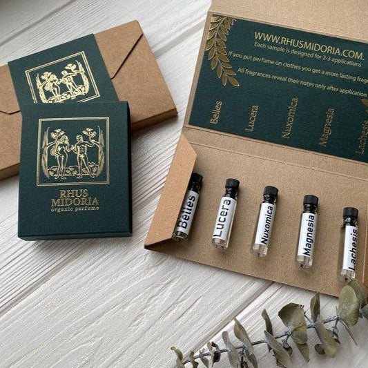 5 Echantillons de parfum bio pour femme - Floraux et Boisés - Rhus Midoria - 1