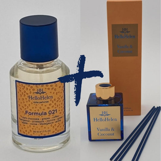 Lot Formule 021 - HelloHelen - 50ml + Diffuseur maison Vanilla & Coconut - HelloHelen - 100 ml