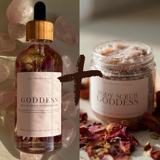 Lot Huile parfumée corps - Goddess 100 ml  + Gommage pour le corps naturel - Goddess - 280 g